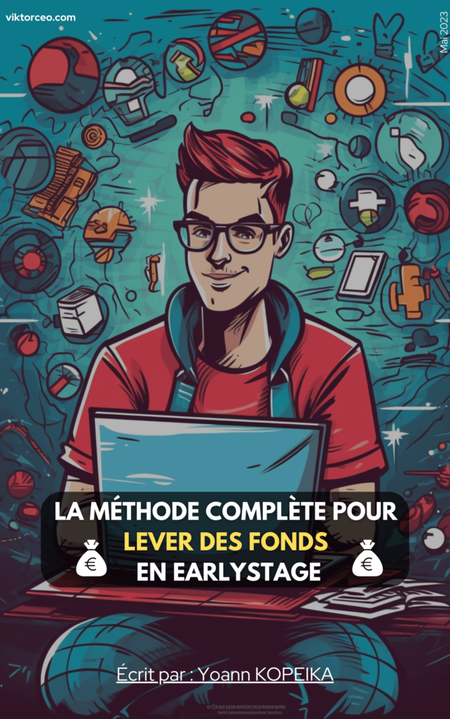 Un dessin d'un CEO roux qui utilise son ordinateur portable avec des éléments marketing en fond