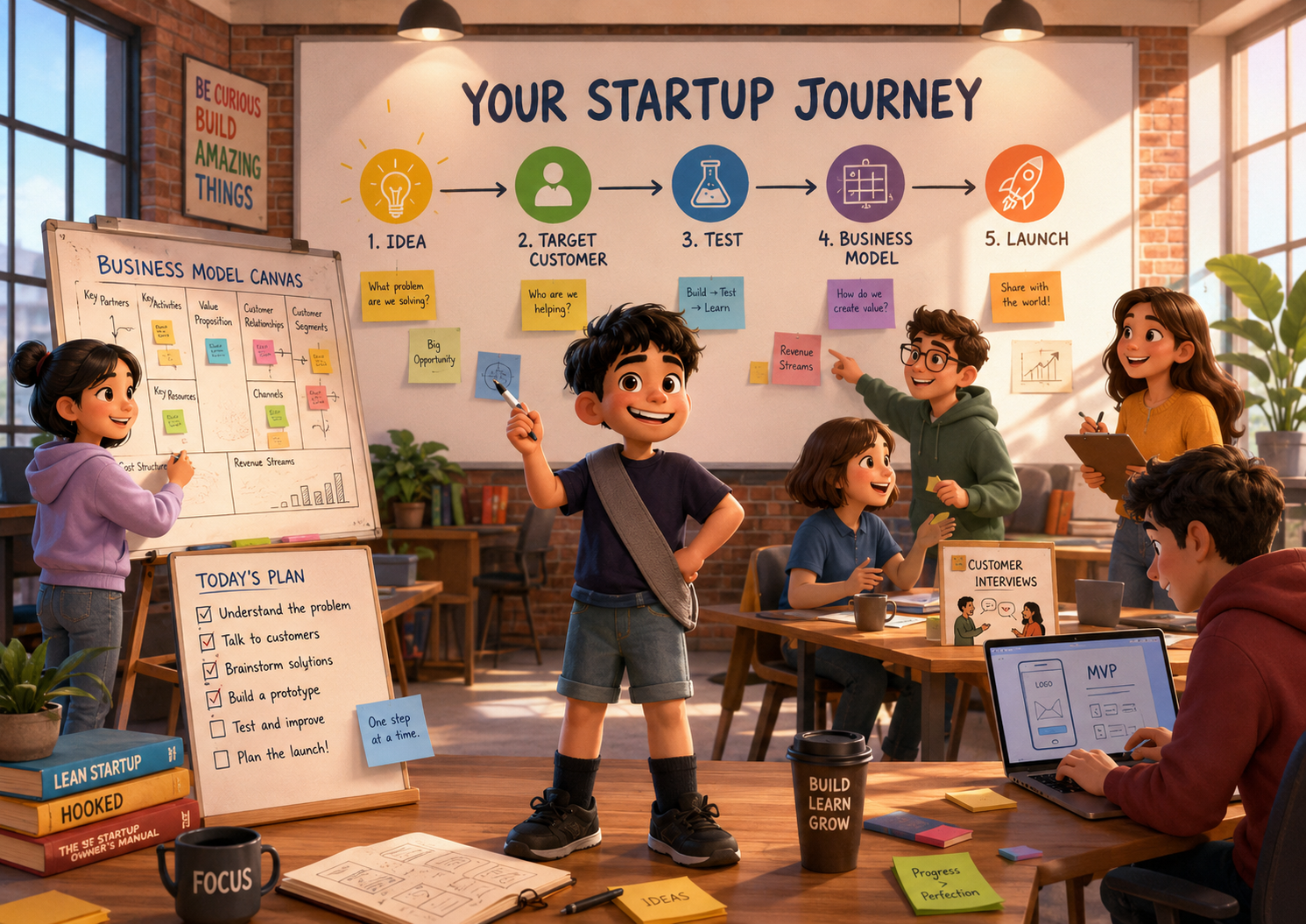Jeune CEO de startup qui structure son idée étape par étape avec une équipe autour d’un tableau de création d’entreprise